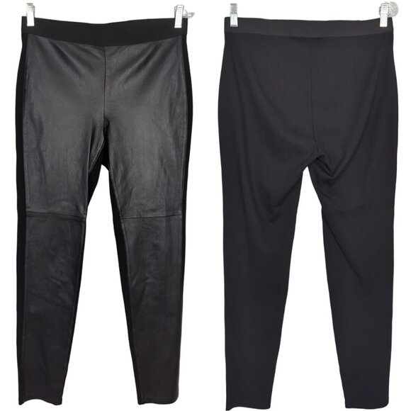 Eileen Fisher S/P Black Lamb Leather Front Panel Ponte Pull On Pants Tights‎ - Picture 1 of 15
